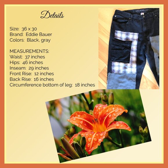 Men’s Hippie Patchwork Jeans, 36x30: Grunge Black Jeans with Gray Black Patches - Picture 3 of 10